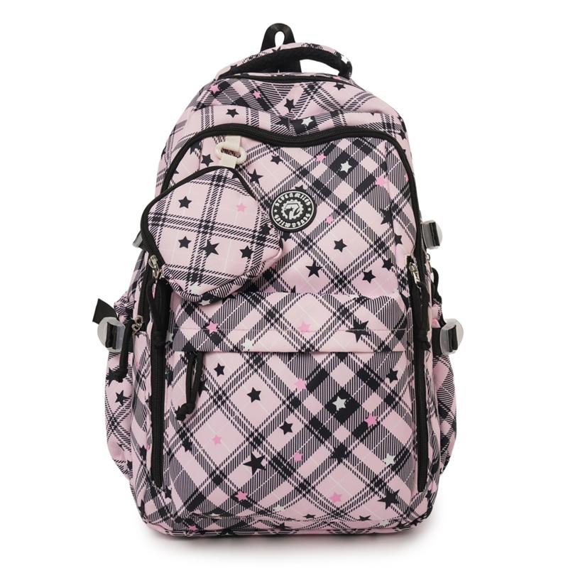 Large Capacity Plaid Backpack Women's Star Printed Student School Bag with Coin Purse