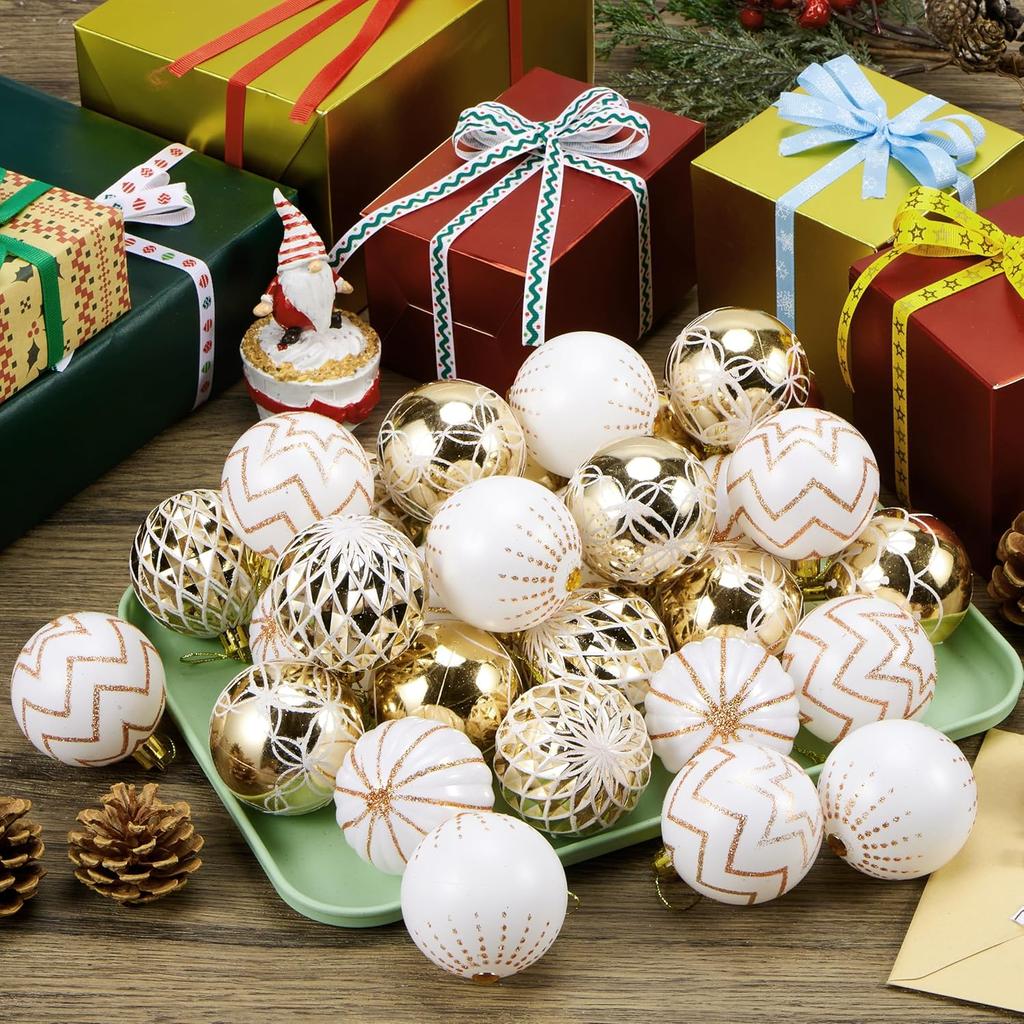 JOYFY 30 Pcs 2.36'' Christmas Balls Ornaments Gold & White Assorted Christmas Hanging Ornaments for Xmas Tree Wreath Party