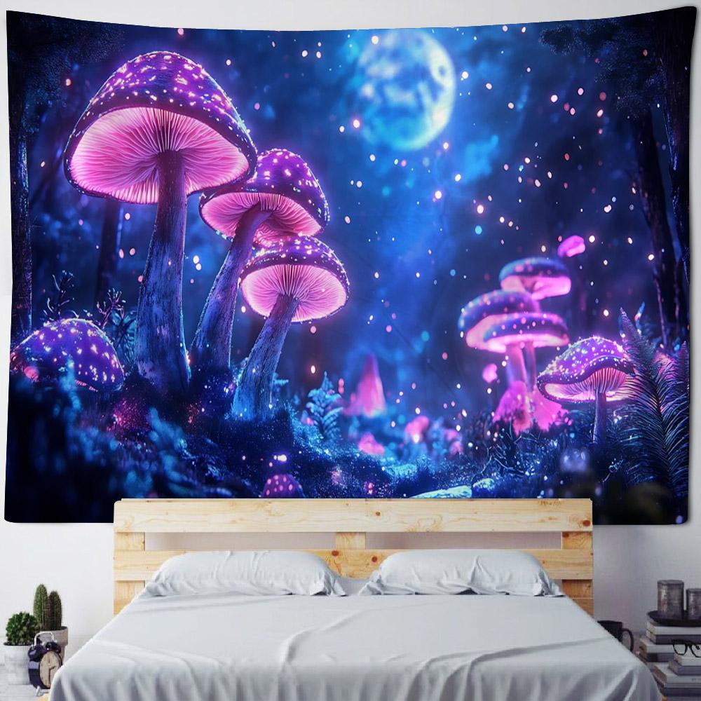 Psychedelic Mushroom Tapestry Fantasy Starry Forest Landscape Art Wall Hanging Mandala Boho Room Decor Yoga Mat Sheet