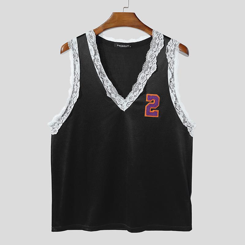 INCERUN Men V Neck Sleeveless Lace Hem Letter Casual Tank Tops Undershirts