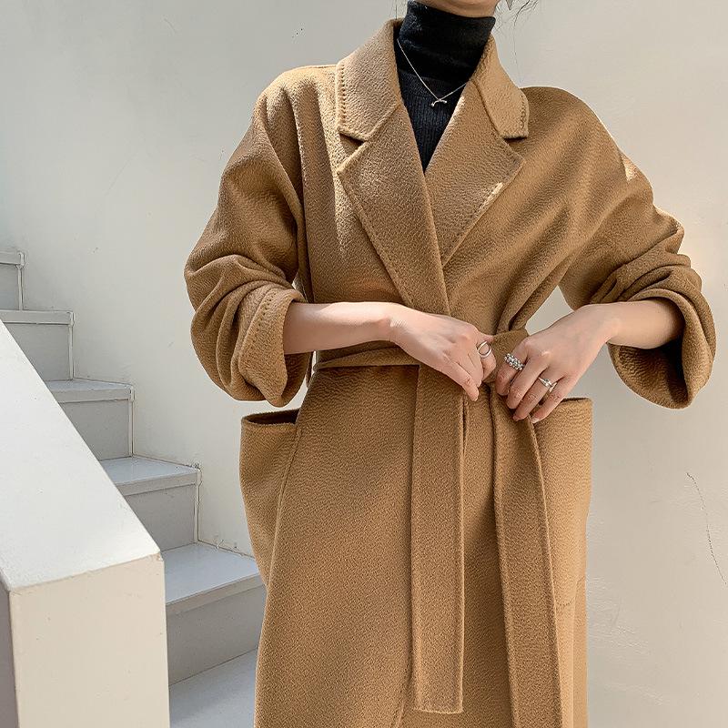 

Женское шерстяное пальто средней длины с эффектом водной ряби - Двусторонний кашемир для осени/зимы, Доступны маленькие размеры. Extra Small