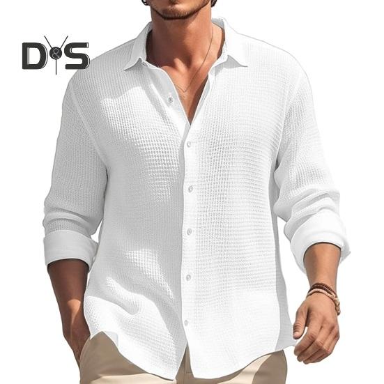 

Мужская осенне-весенняя рубашка с лацканами, однобортный однотонный свободный повседневный топ с длинными рукавами, мягкий дышащий мужской повседневный топ средней длины L белый