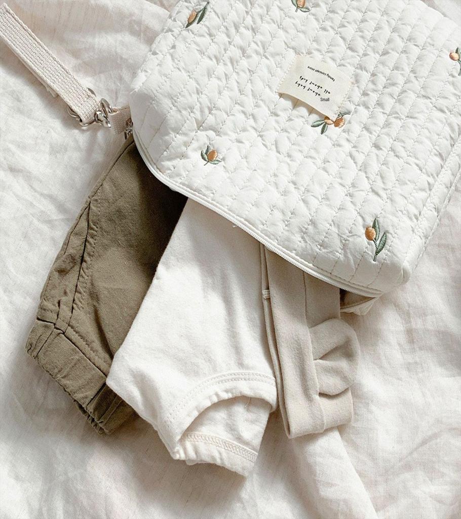 Quilted Cotton Baby Stroller Organizer - Zipper, Embroidery, Diaper & Bottle Storage Bag