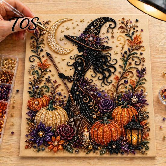 Halloween Wall Decor Kits Faux Pearl Art DIY Kit, Spooky Cute 3D Beads Painting Crafts, Autumn Atmosphere Gothic Ghost Pumpkin Cat Crow for