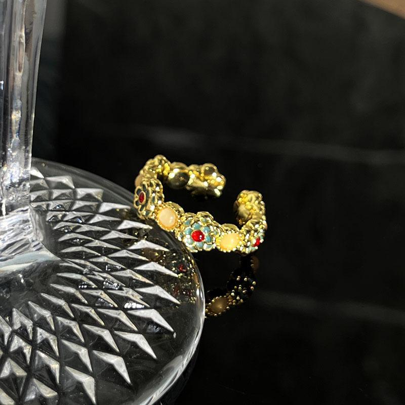 Medieval style colored enamel butterfly flower golden light color open ring women s fashion niche temperament light luxury ring