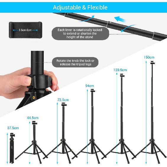 Andoer Selfie Stick Tripod 1.5m/59in Tripod Stand + Extendable Selfie Stick Aluminum Alloy with Phone Holder Remote Shutter Compatible with iPhone
