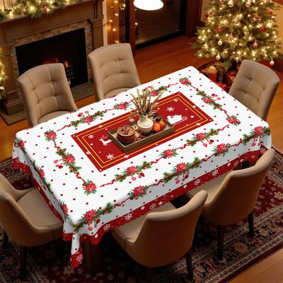 Weihnachts-Tischdecke mit roten und weißen Schneeflocken, Wasserdichte und ölabweisende Polyester-Tischdecke, Festliche Dekorationstuch, Leichter Luxus