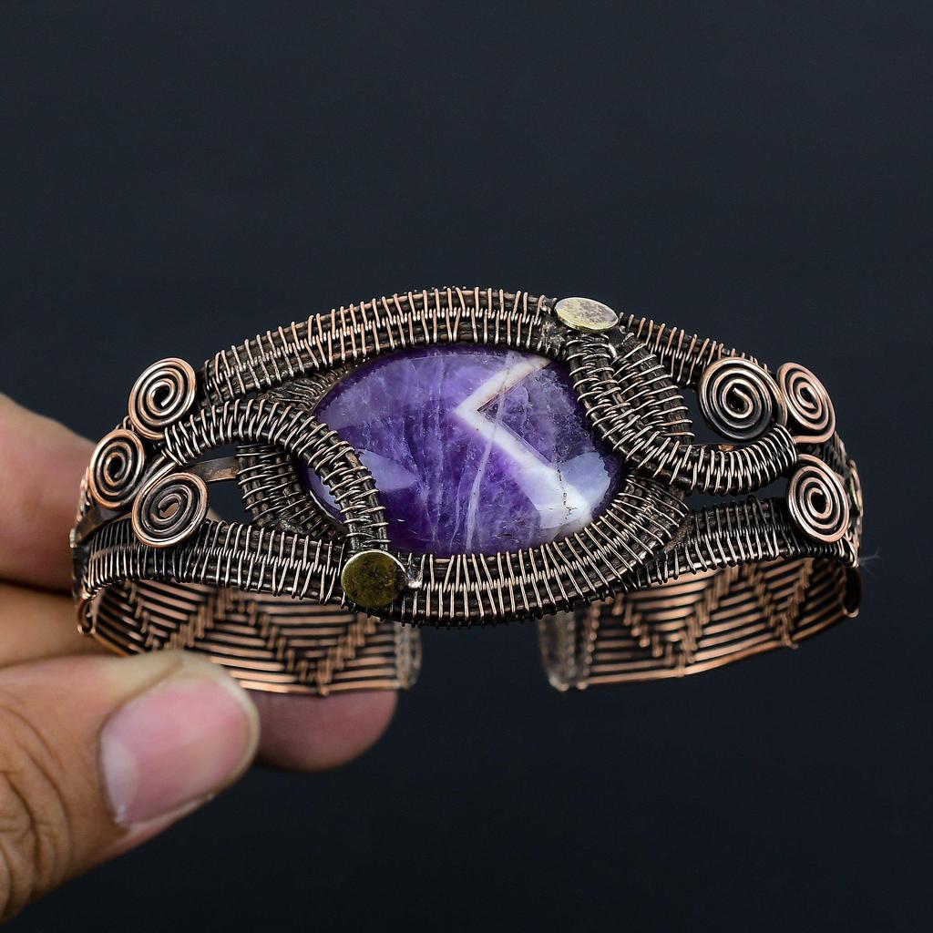 Sage Amethyst Gemstone Pure Copper Wire Wrapped Handmade Cuff/Bangle Jewelry