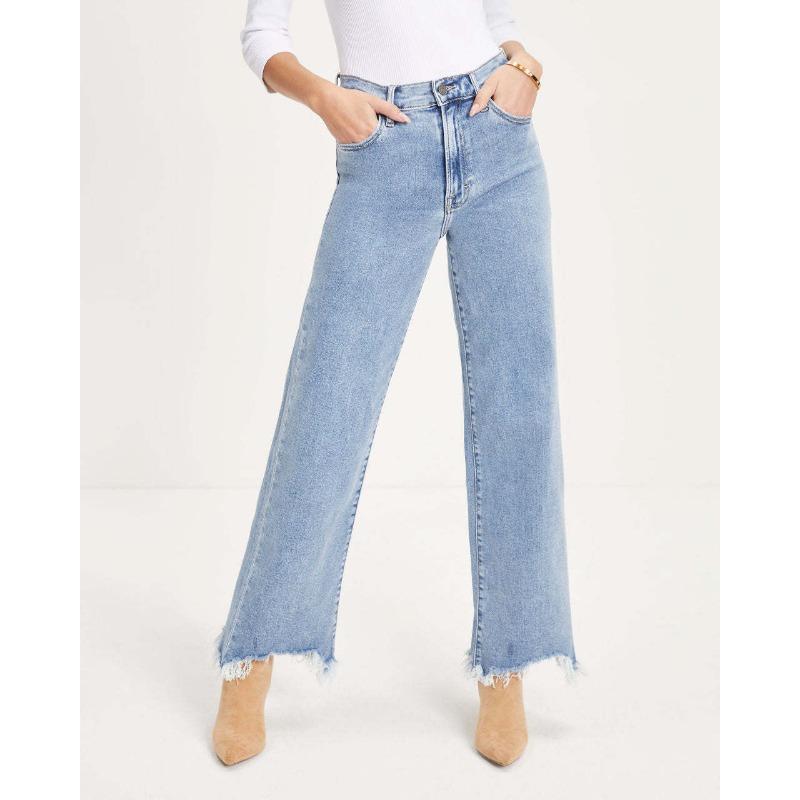 

Summer new women s denim trousers with irregular fringes on the feet Simple casual wide-leg trousers for women S