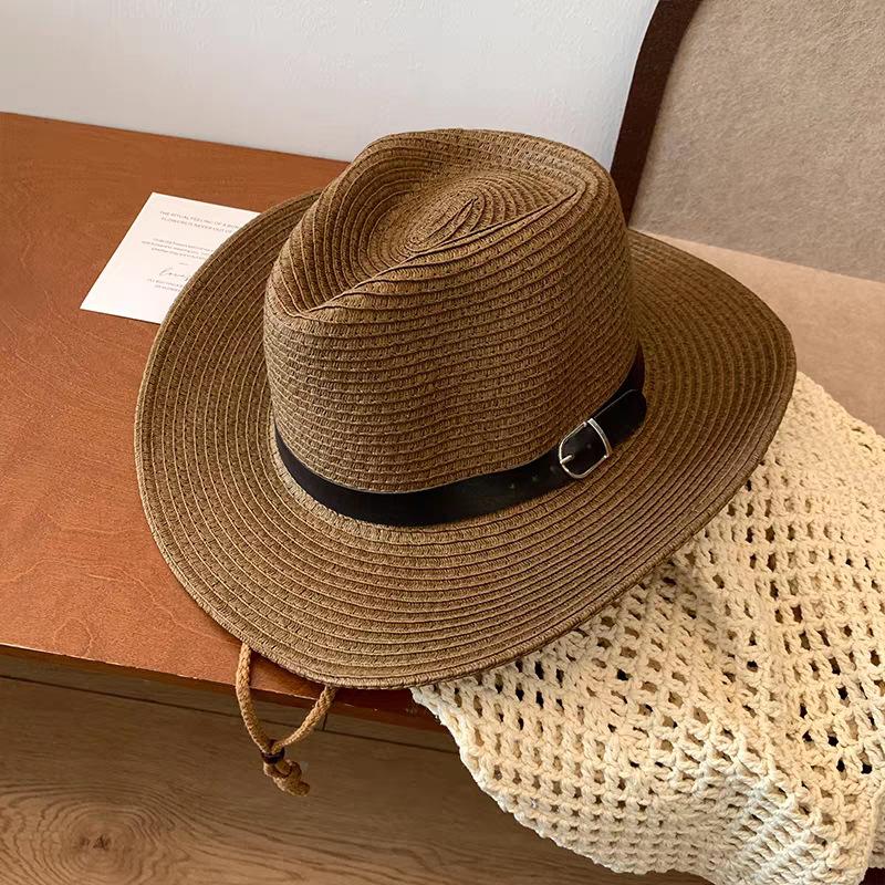 

Western-style cowboy straw hat for men and women, summer Korean version, simple straw woven seaside sun protection hat Adjustable-Generally, it