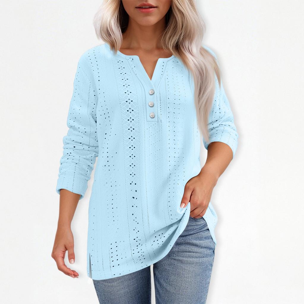 T-skjorte for kvinner T-skjorte med knapp 3/4 ermer Daglig helgmote Basic V-hals vanlig topp