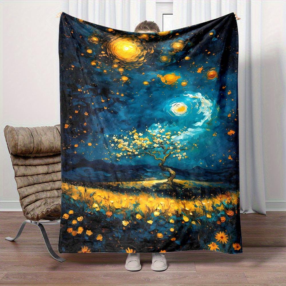Contemporary Reversible Flannel Throw Blanket, Cartoon Space Tree Print, All-Season Cozy Polyester, Digital Print,