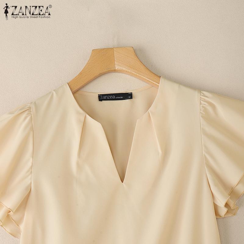 ZANZEA Kobiety Casualowy Dekolt V Falbany Rękaw Jednolity Kolor Letnia Bluzka