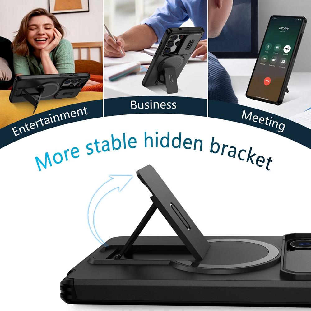 Armor Slide Camera Lens Case For Samsung Galaxy S26 S25 S24 S23 S22 Ultra Plus Magnetic Car Mount Foldable Kickstand Cover