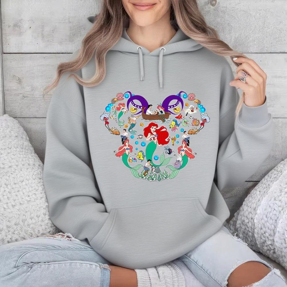 Disney Parent-child Outfits for Girls, Little Mermaid Printed Women's Multi-color Hoodie, Casual Sportswear, Loose Top