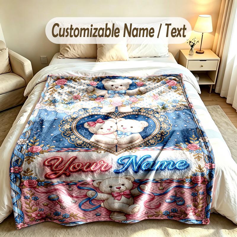 Teddy Bear Theme Custom Blanket Personalized Name & Text Customized Soft Warm Throw Blanket Home Decor