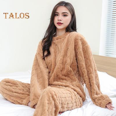 2 Pcs/Set Winter Pajamas Set Thickened Coral Fleece Twisted Texture Round Neck Long Sleeves Top Stretchy Waist Trousers Homewear Loungewear Outfiit