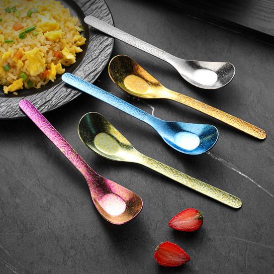 Flat Bottom Titanium Spoon Hammer Pattern Dinner Spoon Dishwasher Safe Long Handle Kitchen Soup Rice Ice Cream Dessert Spoon