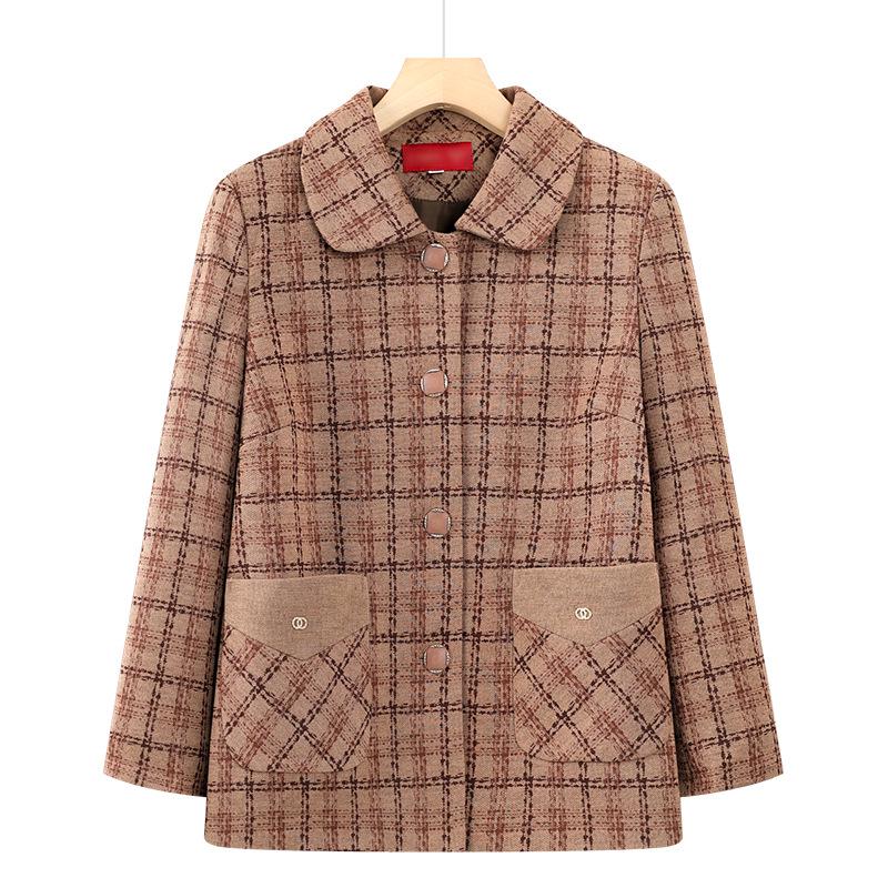 Spring Plaid Lapel Jacket for Middle-Aged & Elderly Women – Stylish Grandma s Spring/Autumn Top 3XL (110-125 lbs)