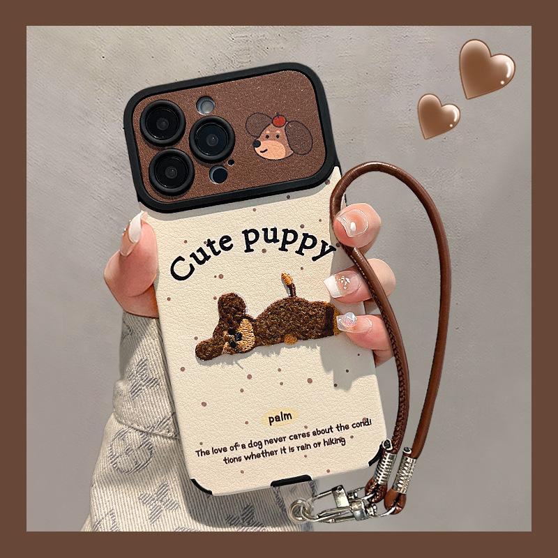 Embroidered puppy lanyard for Apple 17 series mobile phone case iphone15promax new 16 silicone sheepskin