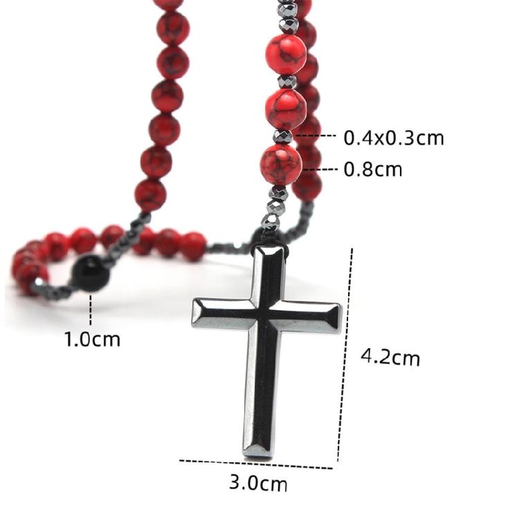 Red Pine Stone Rosary Necklaces Hematite Cross Meditation Jewelry Religious Gift