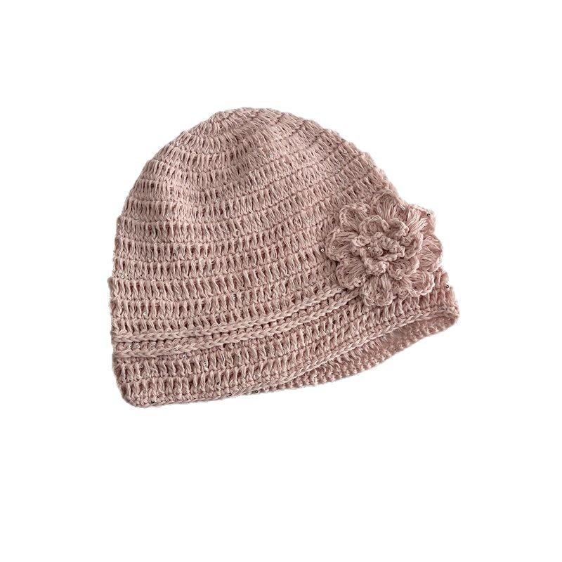 Sequined Flower Knitted Headgear Women's Spring and Summer Breathable Mesh Casual Versatile Retro Cold Hat Ear Protection Hat Shows Small Face