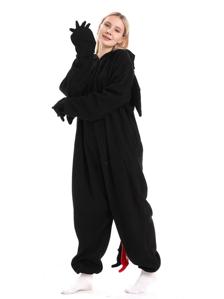 Black & White Dragon Cartoon Onesie Pajamas, Couple Style, Medium-Thick, Plus Size Homewear.