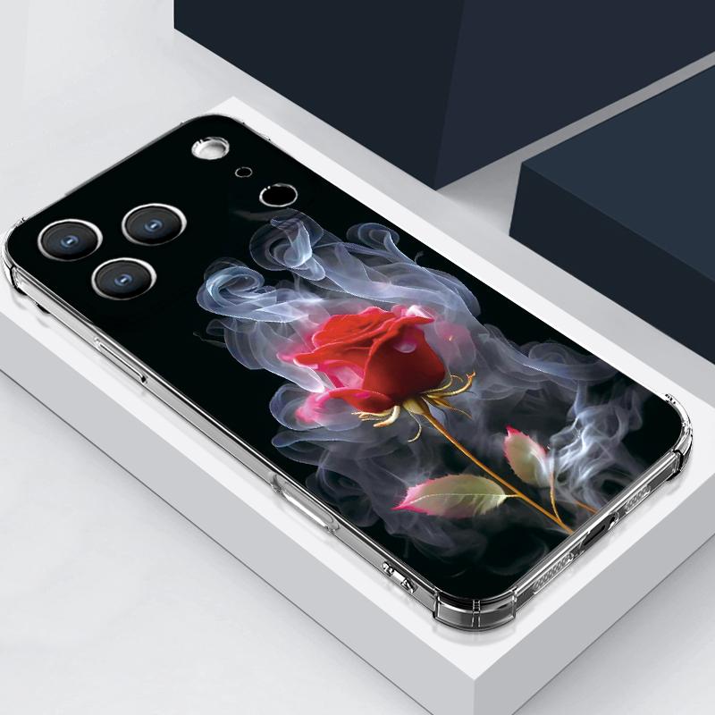 Scarlet Red Rose Flower Pattern Case For iPhone 17 Pro Max Coque iPhone 16 15 14 13 Pro Max 11 Shockproof Clear Soft Silicone Cover