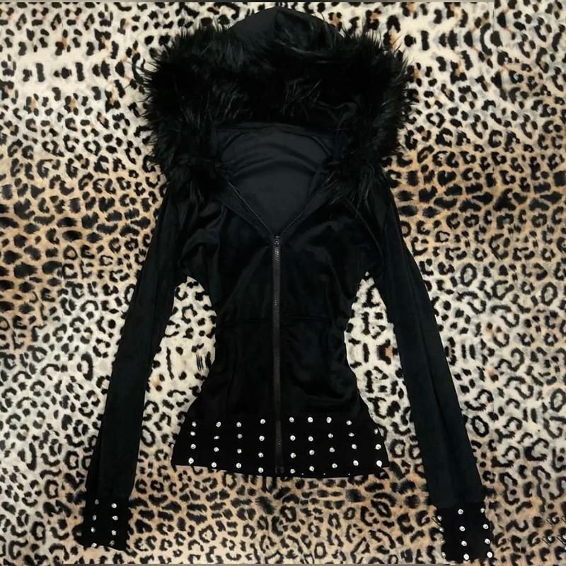 VAYLA Y2K Harajuku Gothic Damen Kapuzenpullover Sexy Schlank Schick Wildleder Pelzkragen Buchstabenprint Strickjacke Sweatshirt Ästhetisch Damen Streetwear