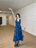 Vintage French deep v-neck vest dress women's summer printed sleeveless skirt waist thin suspender a-word long dress