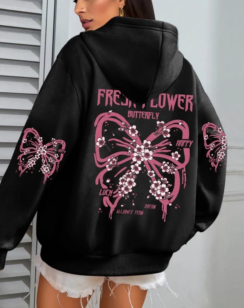 Fresh Butterfly Print Women's Hooded Sweatshirt - Autumn Loose Casual Fleece Pullover with Pockets.
