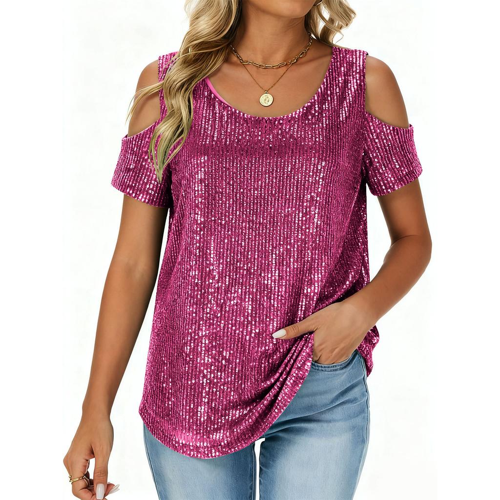 Ladies' Fashionable And Comfortable Loose Sequined Short Sleeved Top