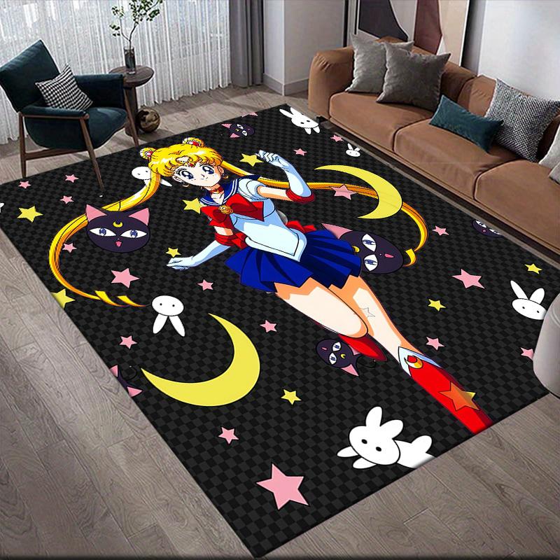 Sailor Moon3 Flanellmuster Quadratischer Teppich, Läufer, Teppich für Wohnzimmer Schlafzimmer Sofa Spielzimmer Dekor, Rutschfeste Fußmatte