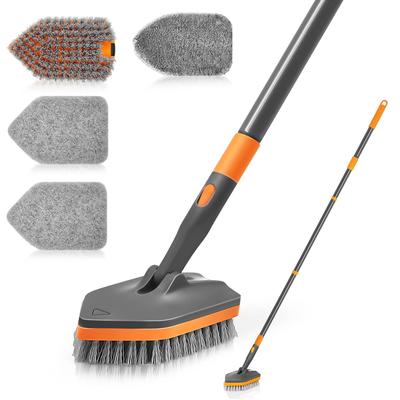 NEWE Bath Cleaning Deck Brush with Telescopic Long Handle Bathroom Floor Brush with 4 Replacement Cleaning Heads for Bath Cleaning Bathtub Floor