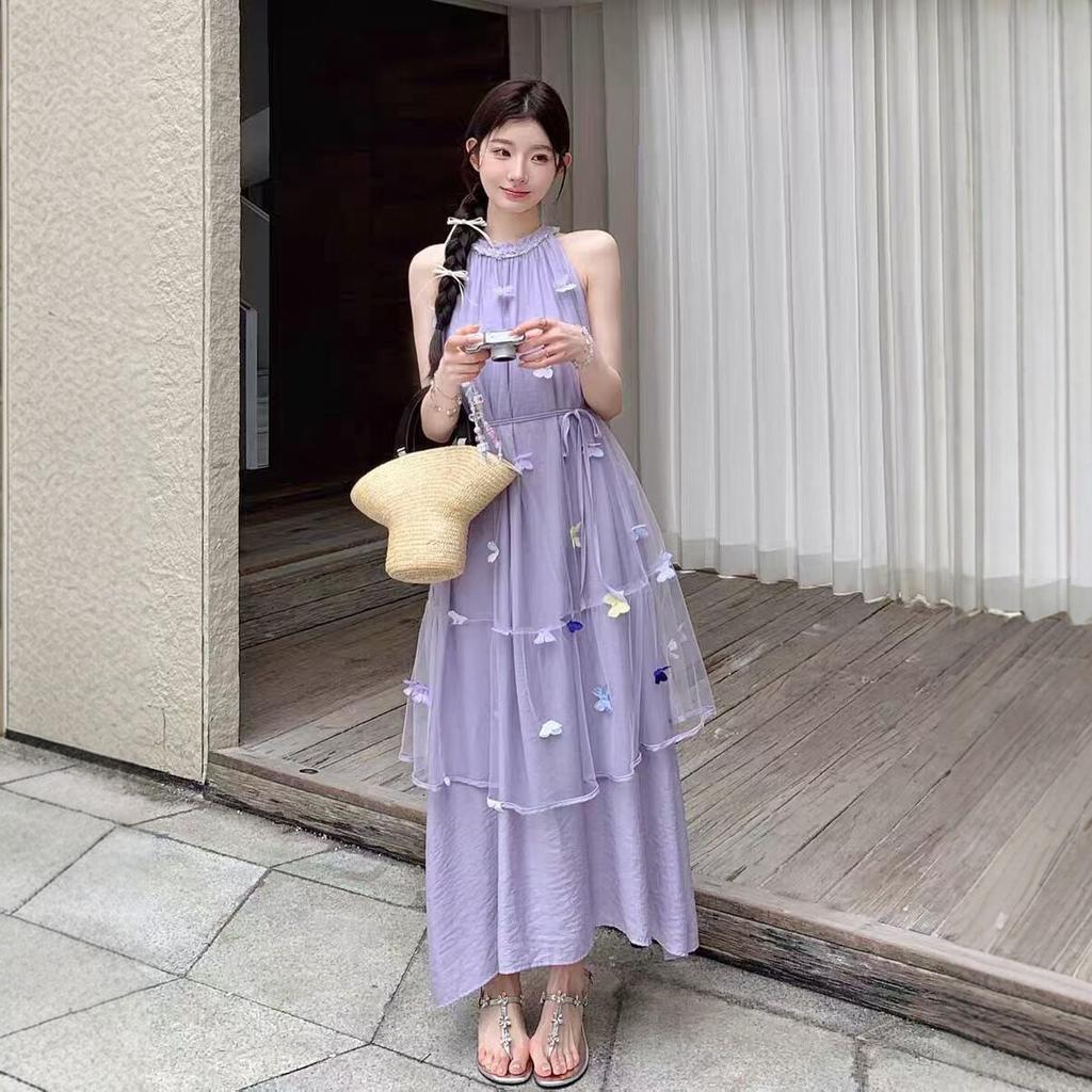 Heavy industry style butterfly sewing new purple suspender fairy elegant flower embroidery sleeveless dress vacation style