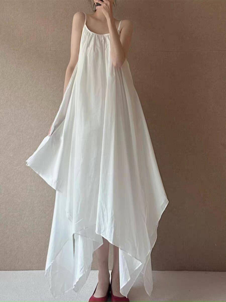 

2025 летнее новое минималистичное длинное платье с неровным подолом на подтяжках, женское свободное и красивое однотонное платье без рукавов для путешествий и фотосъемки 2XL белый