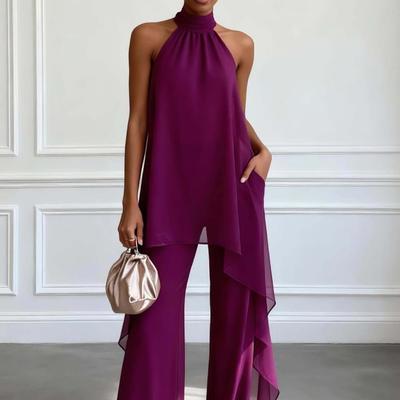 Damen Neckholder Ärmellos Unregelmäßiger Asymmetrischer Saum Chiffon Top Weite Hosen Zweiteiliges Outfit Set