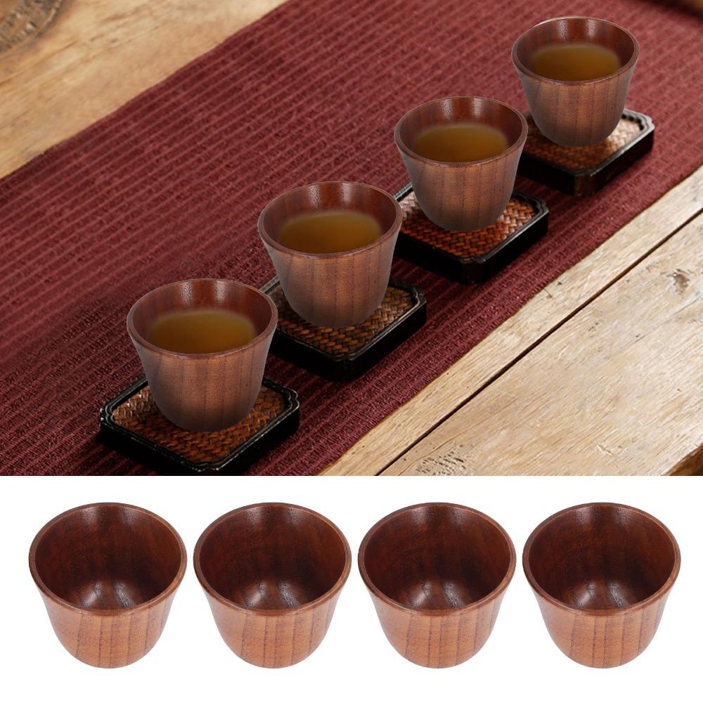 4Pcs Set Solid Wood Wooden Tea Cups Heat Insulation Wooden Coffee Cup Wooden Cup Set  Tea Drinking