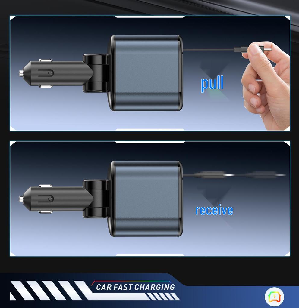 Dual USB Car Charger with Digital Display and Retractable Cable