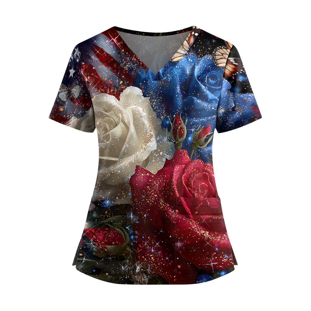 Women's Independence Day Print V-Neck Double Pocket Short Sleeve Uniform with Slit Hem - Caregiver Top