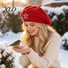 Women Knitting Hat Knitted Beret for Fall Winter, French Style Artist Cap with Rhinestone Star, Stretchy Solid Color Decorative