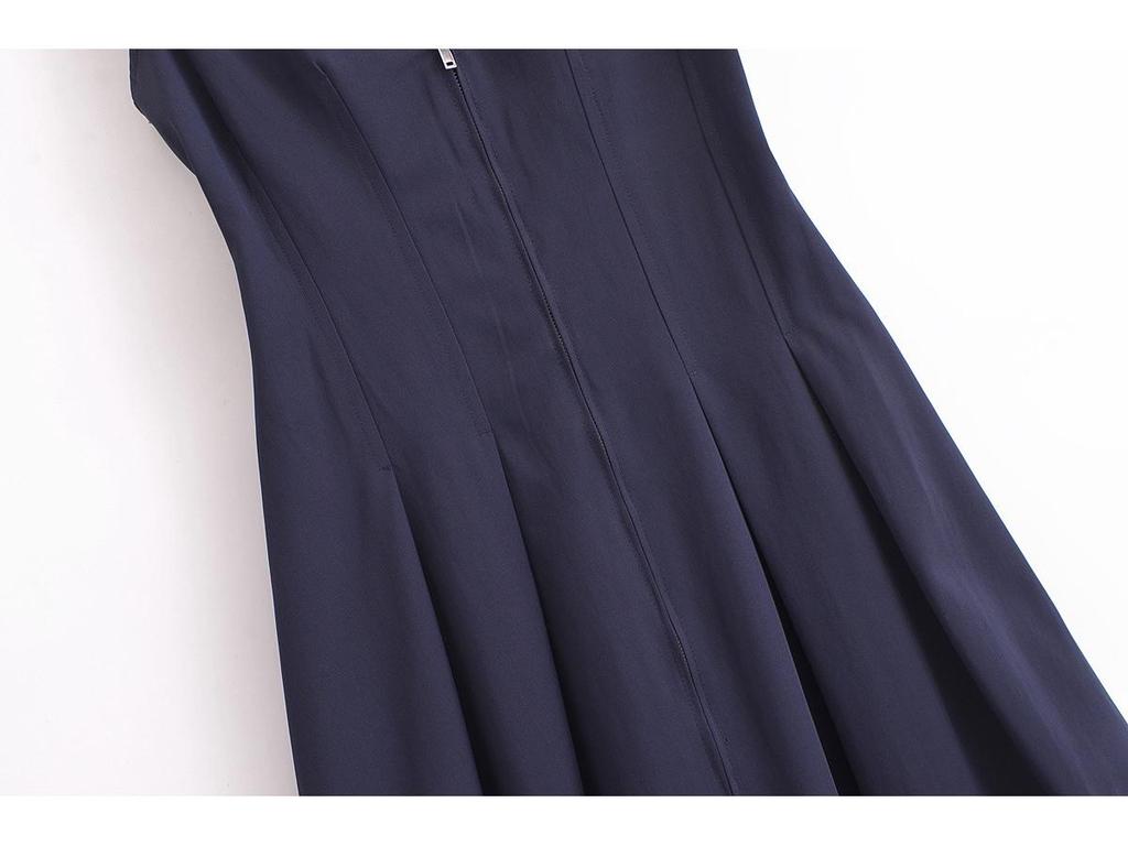 2025 Spring Women's European & American V-Neck Zipper Midi Dress