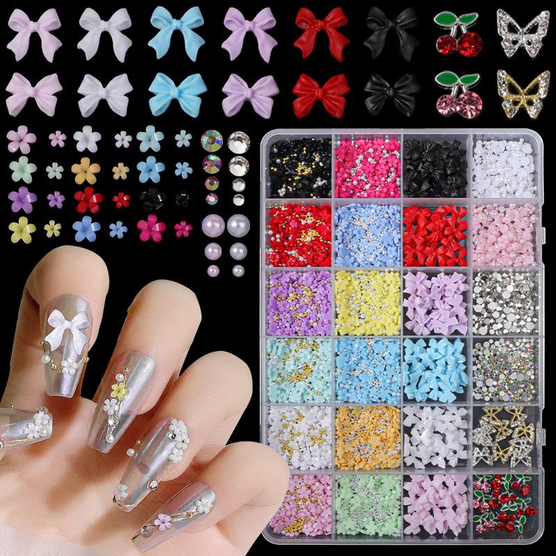 24 Fächer/Box 3D Blumige Nagelkunst-Dekorationen, Bunte Blumen und Goldperlen in gemischter Größe DIY Niedliche Blumige Nagel-Schmuckstücke, Nagelzubehör, Nagelbedarf