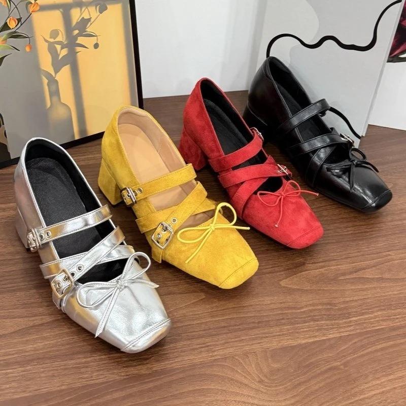Fashion Silver Soft Leather Single Shoes Women's Design Sense Square Toe Mary Jane Shoes 2025 New Bow Shallow Heels