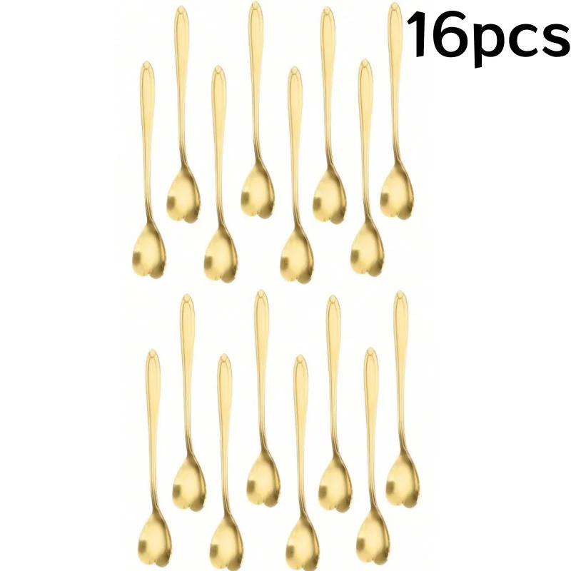 8/16Pcs Stainless Steel Heart Shape Coffee Spoons Gold Scoop for Dessert Tea Accessories Kitchen Tableware Decoration Gifts Set S