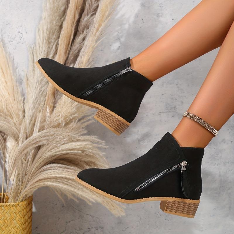 Dámské jednobarevné boty na silném podpatku, ležérní boty na zip s špičatou špičkou, pohodlné kotníkové boty