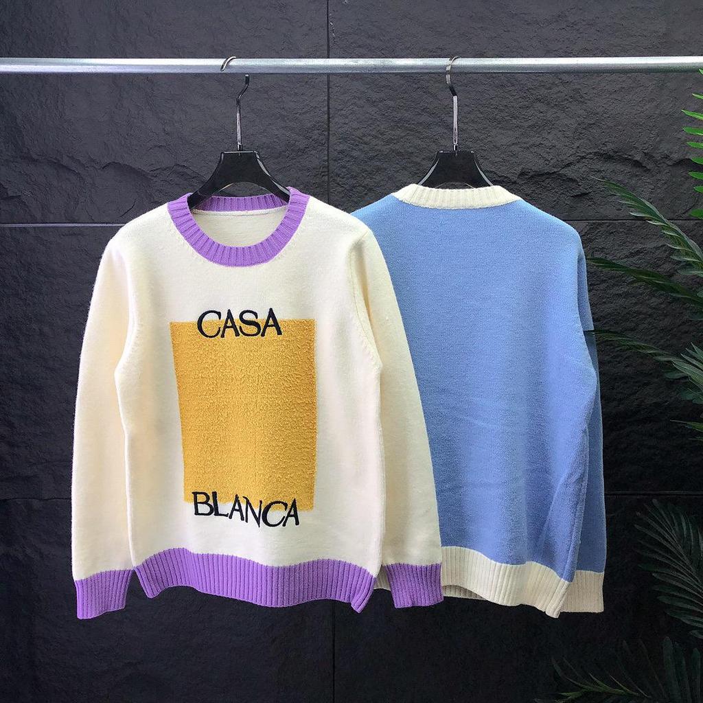 Unisex European-Style Color-Block Wool Sweater with Chest Lettering