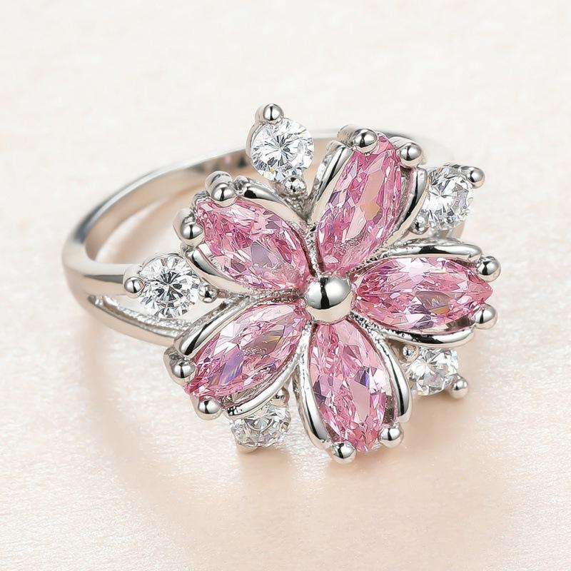 Cherry blossom pink zircon diamond flower ring simple niche creative design ring