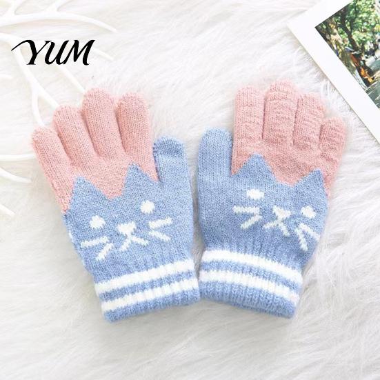 Kids Comfortable Warm Gloves for Cycling 1 Pair Winter Gloves, Cozy Thick Lined Mittens with Flexible Knitted Writing Playing Cute Cat Pattern,