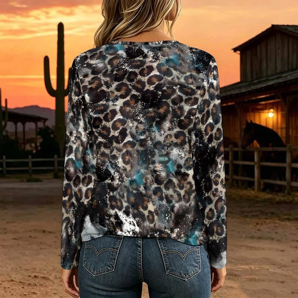 Women Plus Size Crisscross V Neck Long Sleeve Top Retro Camouflage Print Casual Loose Blouse